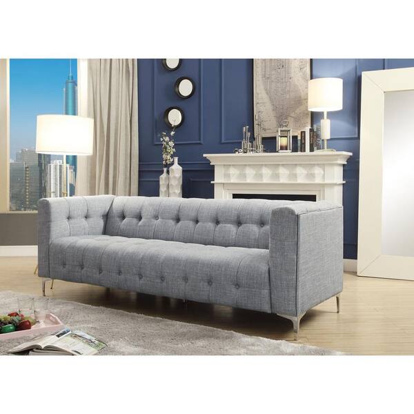 Inspired Home Octavia Light Grey Linen Sofa with Button Tufted