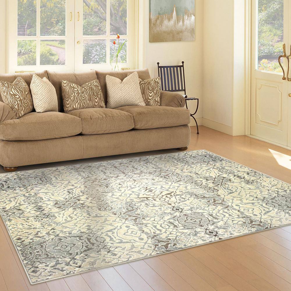 Beige and Gray Damask Polypropylene Area Rug, 8' x 10'