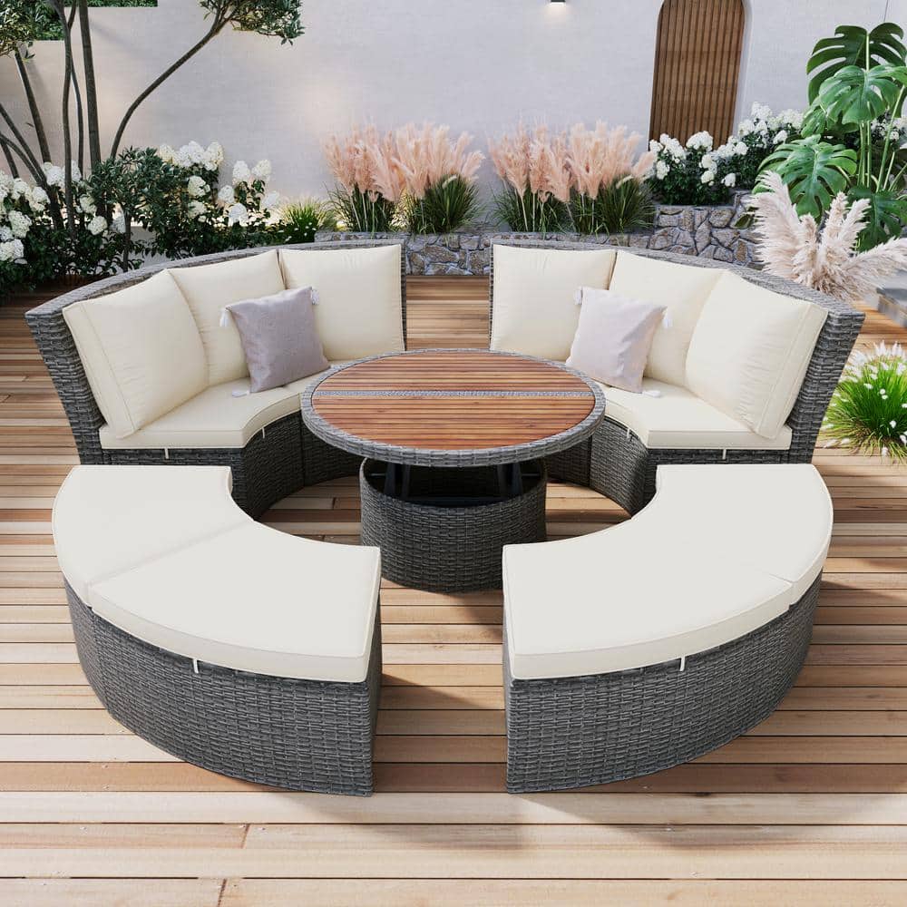 5-Piece Round Wicker Outdoor Sectional Couch Set, Rattan Daybed with Round 