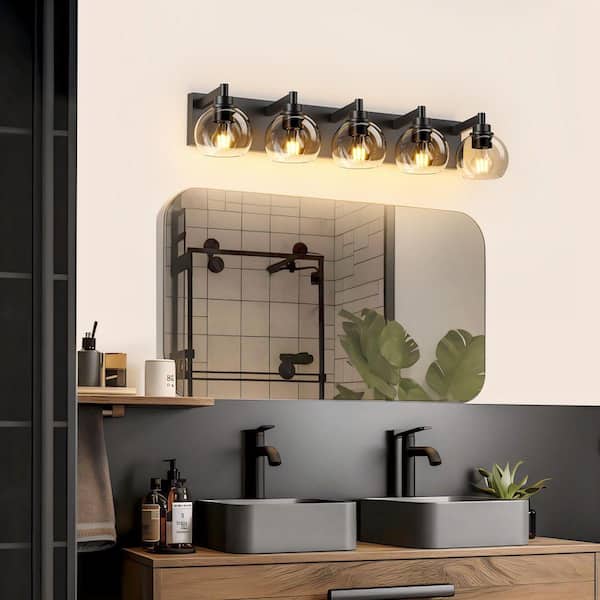 34 in. 5 Light Black Vanity Light with Clear Glass Truncated Spherical Shade