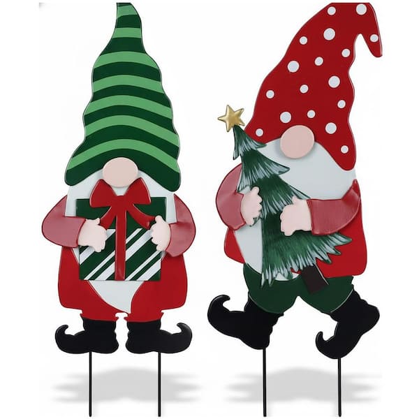 26.8 in. 2-Pack Metal Gnome Christmas Yard Stakes - Outdoor Holiday Decor