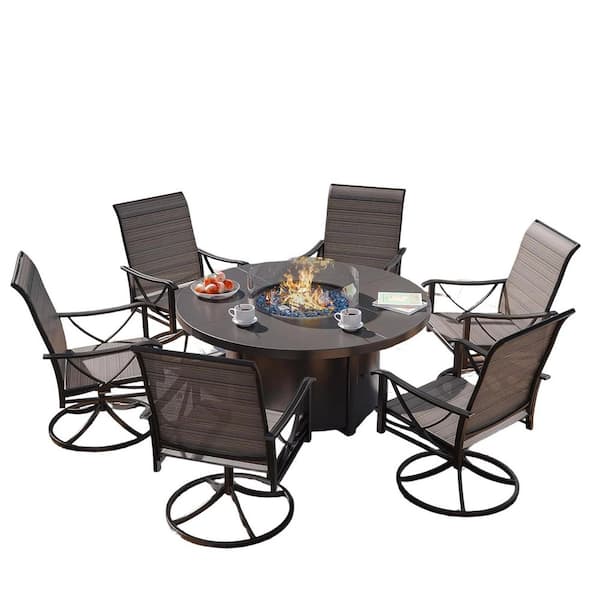7-Piece Metal Patio Conversation Set with 40,000 BTU Round Fire Pit Table, 6 Swivel Chairs and Textilene Fabric