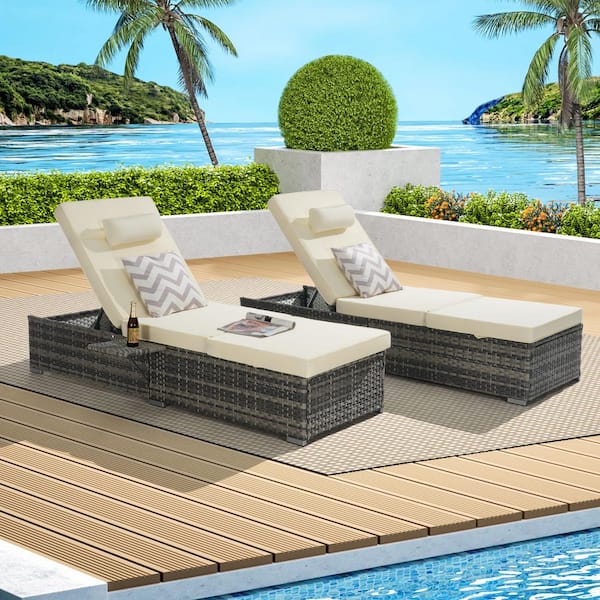 Sudzendf Gray Metal Outdoor Chaise Lounge Chair with Beige Cushions and Adjustable Backrest for Poolside Backyard (Set of 2)