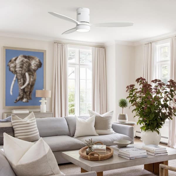52 in. Smart standard Indoor/Outdoor Wood White Flush Mount White Blade Ceiling Fan with Light Kits and Remote&APP