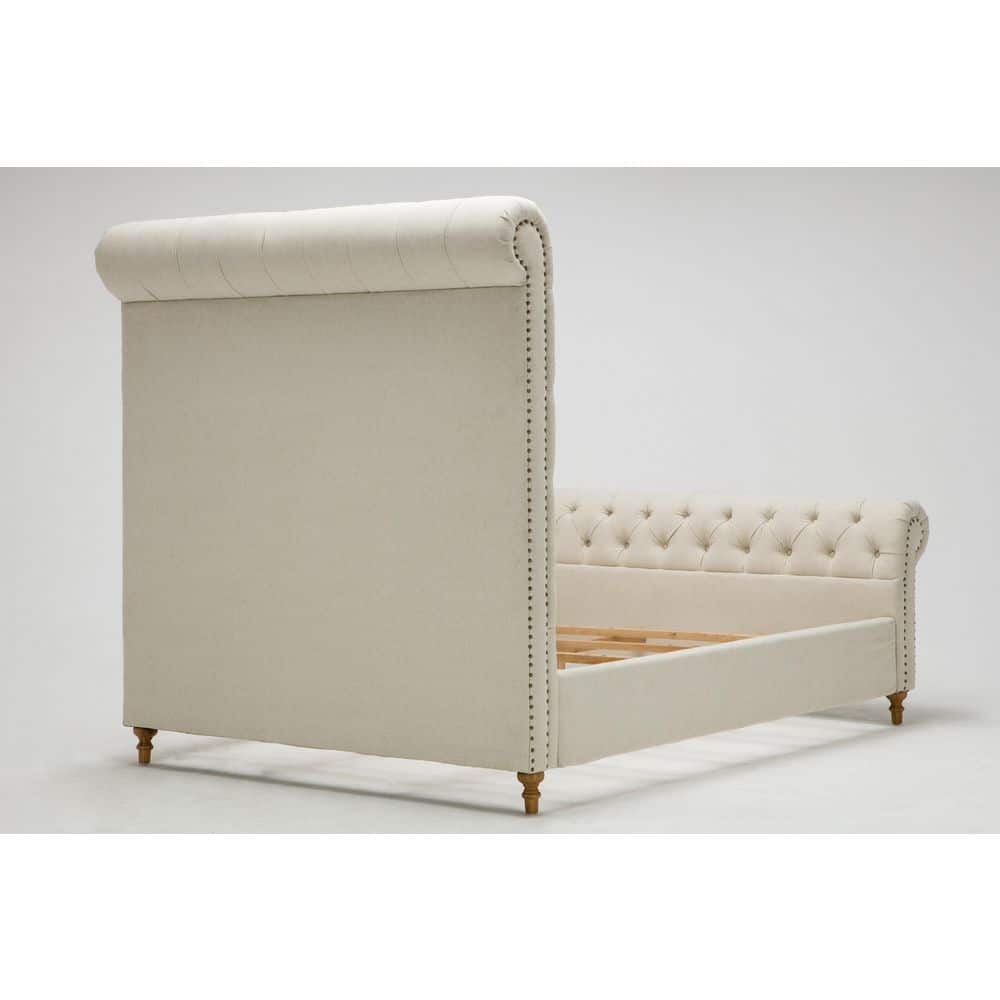 Elegant Cream Tufted Queen Bed with Ultra-High Headboard and Wood Frame
