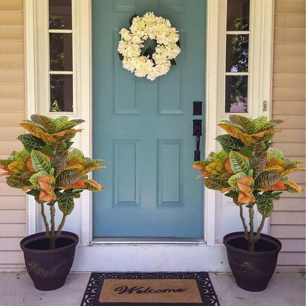 35 in. Green Indoor Croton Plant Artificial Shrub with Plastic Pot