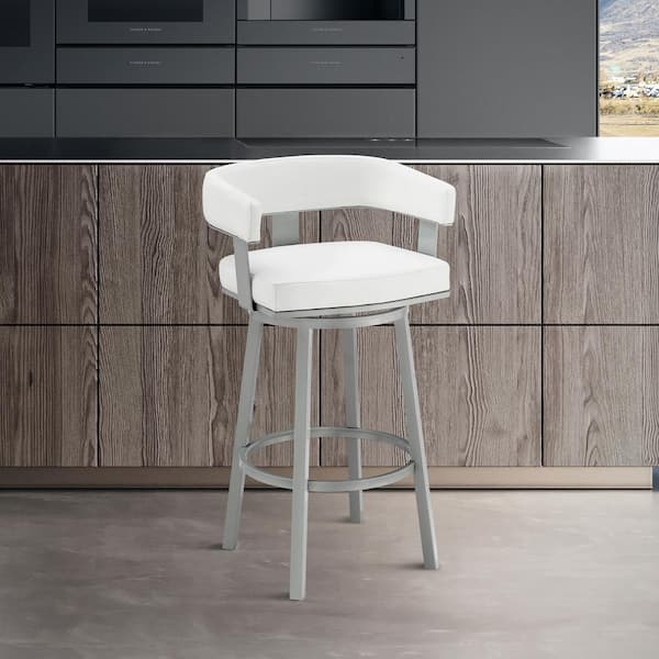 Armen Living Lorin 26 in. White/Silver Open Back Metal Counter Stool with Faux Leather Seat