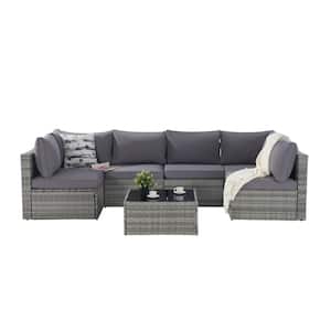 Luxury 7-Piece Wicker Patio Conversation Set with Gray Cushions, Aluminum Frame, Sofa and Table w/Tempered Glass Set