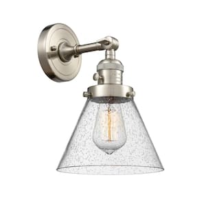 Cone 8 in. 1-Light Brushed Satin Nickel Wall Sconce with Seedy Glass Shade with On/Off Turn Switch