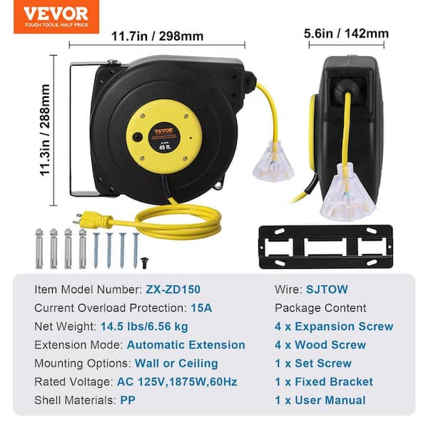 あい VEVOR 45 ft. 12/3 15 Amp Retractable Extension Cord Reel Heavy