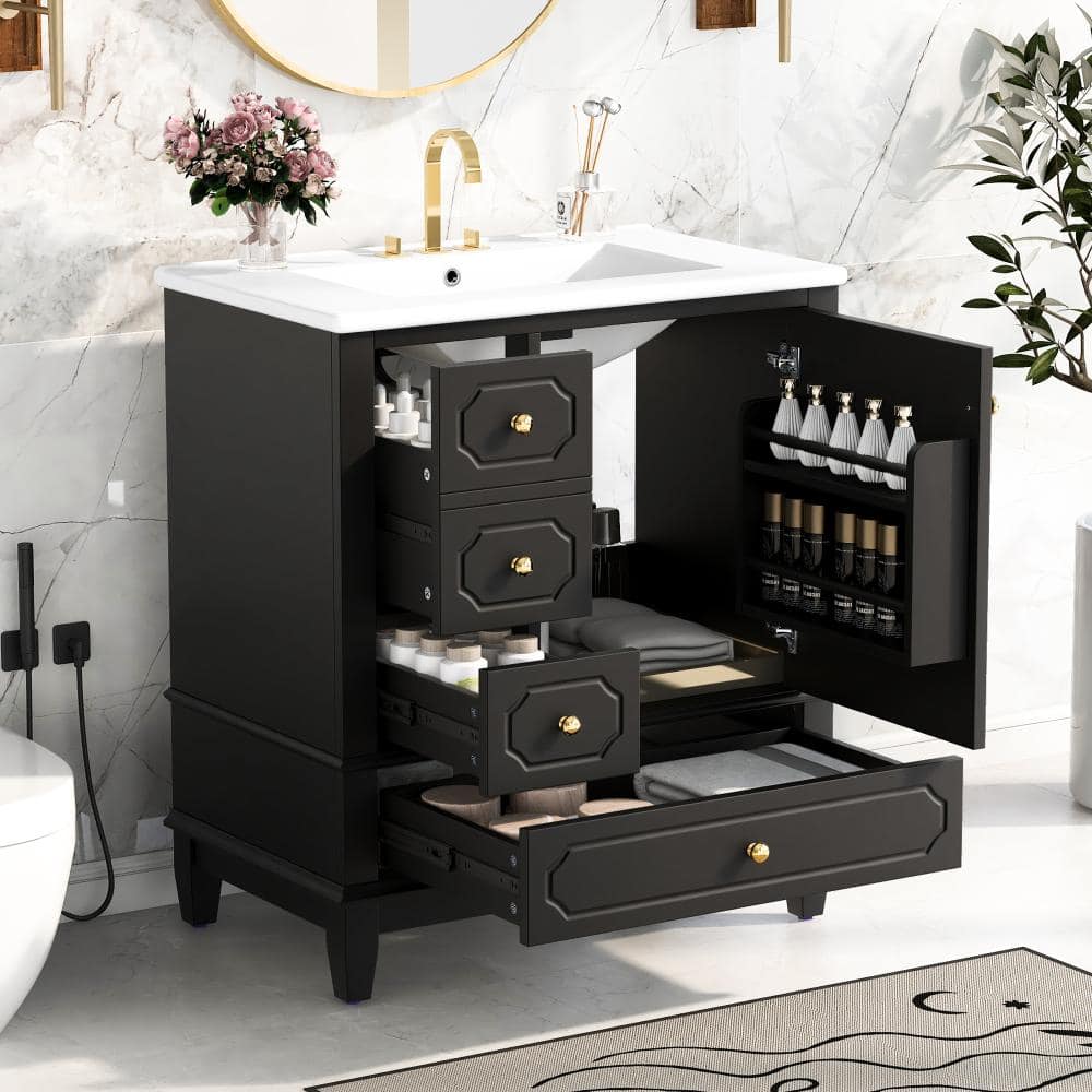30 in. W Black Freestanding Solid Wood Frame Bathroom Vanity with Ceramic Sink and 3 Drawers price history on PriceWatchPro