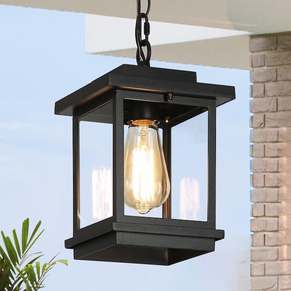 LNC Modern Coastal Black Square Outdoor Pendant 1-Light Hanging Lantern with Clear Glass Shade for Covered Porch Gazebo