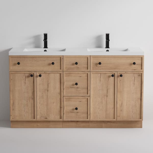 60 in. W x 18.1 in. D Double Sink Freestanding Oak Bath Vanity with White Integrated Composite Resin Top Drain Set