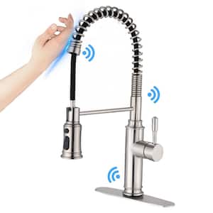 Single-Handle Touch Deck Mount Gooseneck Pull Down Sprayer Kitchen Faucet in Brushed Nickel
