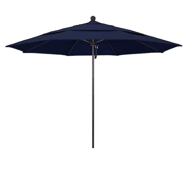 California Umbrella 11 ft. Bronze Aluminum Commercial Market Patio Umbrella with Fiberglass Ribs and Pulley Lift in Navy Blue Olefin