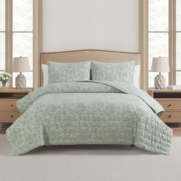 Botanical Leaves Sage 3-Piece All-Season Soft Luxury Polyester Chenille Jacquard Quilt Set-King
