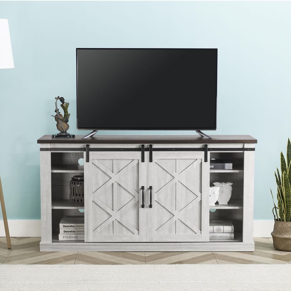 Coast-to-Coast Sliding Barn-Door TV Stand in Saw Cut-Off White