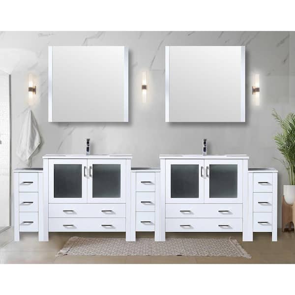 Volez 108 in. W x 18.25 in. D White Double Bath Vanity w/ Side Cabinets, White Ceramic Top, 34 in Mirrors, & Faucet Set