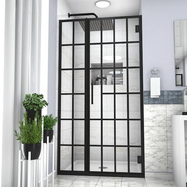 34 in. W x 72 in. H Pivot Semi-Frameless Shower Door in Matte Black Finish with Pattern Glass