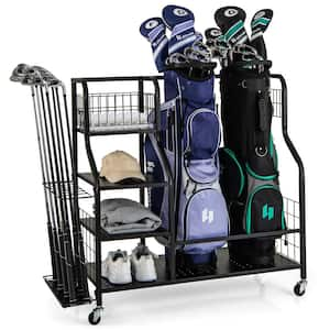 Golf Bag Storage Stand w/ 3-Tire Storage Rack Top Golf Basket 14 Club Organizer 2 Removable Towel Hooks and 4 Side Hooks