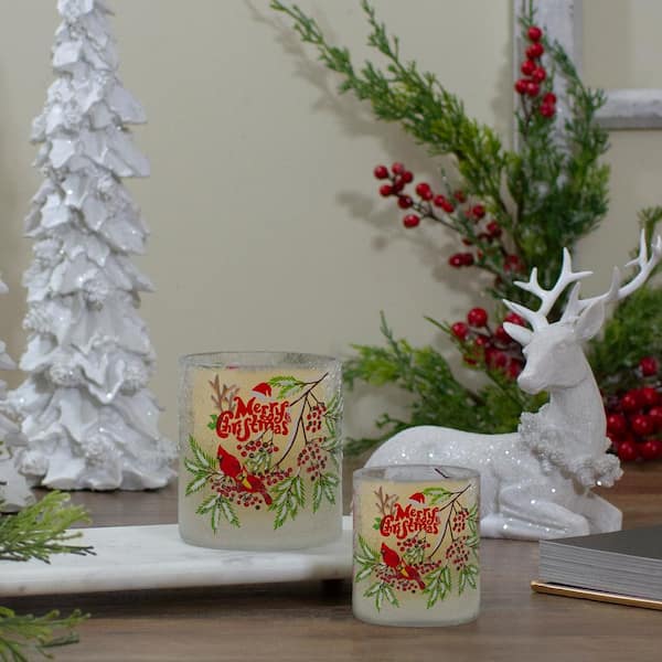 Northlight 2.75 in. Red Hand Painted Christmas Cardinal and Pine Flameless Glass Candle Holder