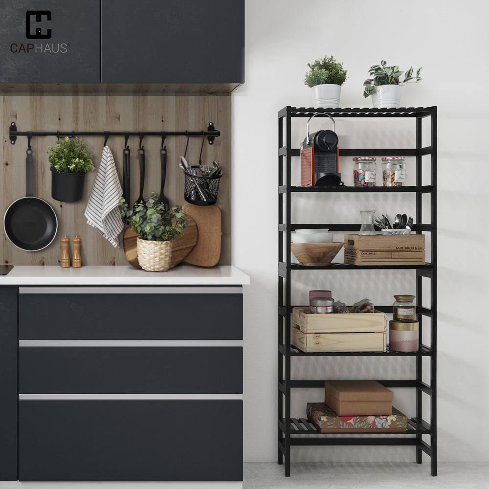 57.6 in Tall White Bamboo Adjustable 5-Shelf Bookcase