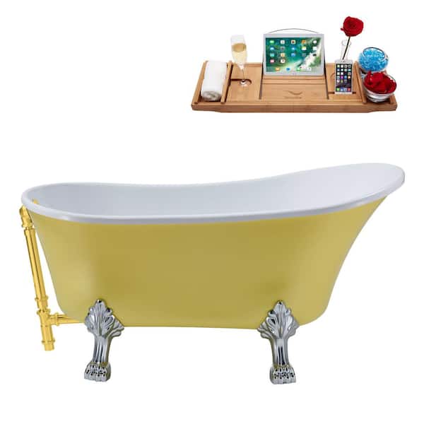 Streamline 55 in. Acrylic Clawfoot Non-Whirlpool Bathtub in Matte Yellow With Polished Chrome Clawfeet And Polished Gold Drain