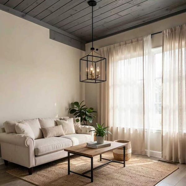 4-Lights Matt Black and Golden Lantern Geometric Chandelier