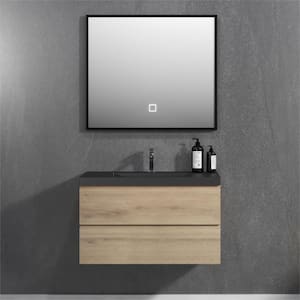 Angela 36 in. W x 18.7 in. D x 20.5 in. H, Wall Mounted Floating Vanity with Natural Oak Cabinet Black Quartz Sand Sink