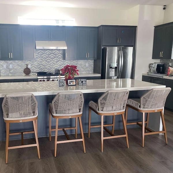 Modern Aluminum Twill Wicker Woven Counter Height Outdoor Bar Stool with Back and Cushion (4-Pack)