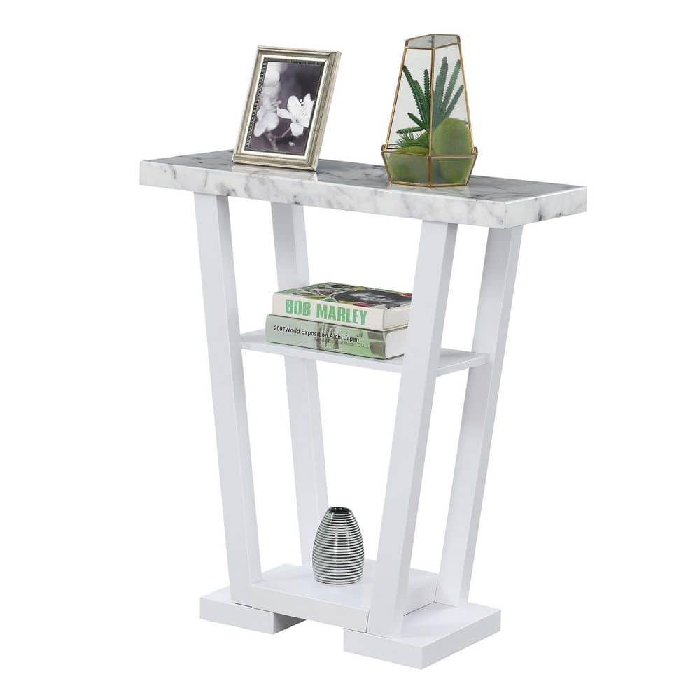 Faux White Marble and Wood Console Table with Storage
