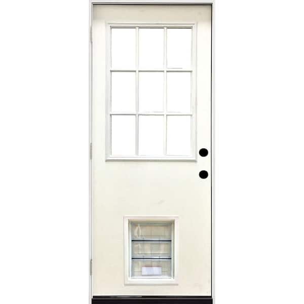 Steves & Sons 36 in. x 80 in. Reliant Series Clear 9 Lite RHOS White Primed Fiberglass Prehung Front Door with Large Pet Door