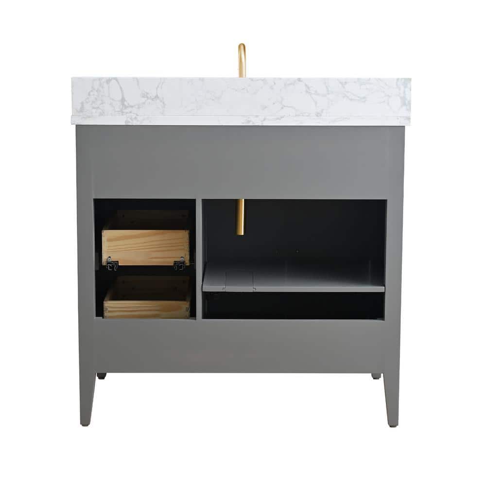 Cashmere Gray Poplar Wood Single Sink Bathroom Vanity with Engineered Marble Top