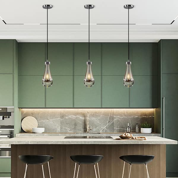 1-Light Modern Silver Chandelier, Pendant Light Kitchen Island with Raindrop Glass Shade (2-Sets)