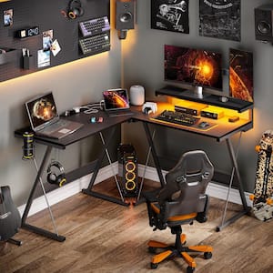 51.34 in. Black Carbon Fiber Gaming L Shaped Computer Desk with Monitor Stand and Power Outlets
