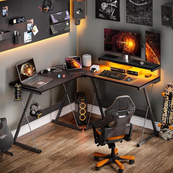 Bestier 51.34 in. Black Carbon Fiber Gaming L Shaped Computer Desk with Monitor Stand and Power Outlets