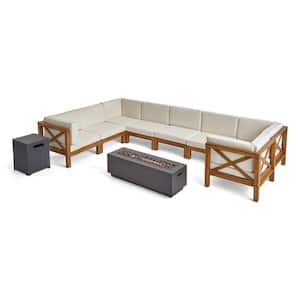 Thasos Teak Brown 10-Piece Wood Patio Fire Pit Sectional Seating Set with Beige Cushions