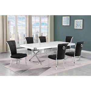 Miguel 7-Piece Rectangle White Wood Top Silver Stainless Steel Dining Set with 6 Black Velvet Chairs