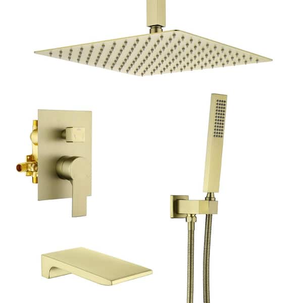 WATWAT liric Celling Mount Single Handle Square High Pressure Shower Faucet with Ceramic Valve in Brushed Gold