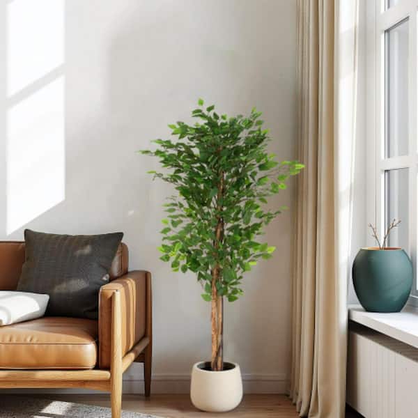 63 in. Artificial Green Ficus Tree with Black Plastic Pot
