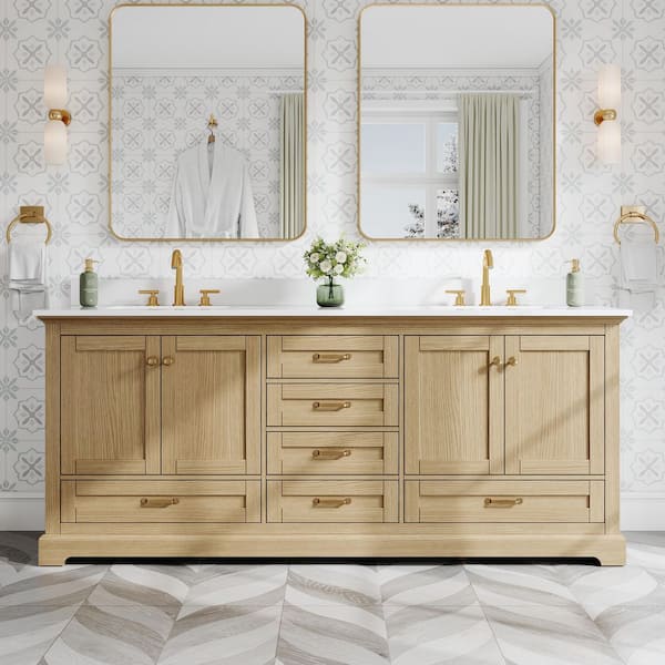 80 in. Freestanding Solid Wood Oak Bath Vanity with White Cultured Marble Top Assembled, Soft-close Door and Drawer