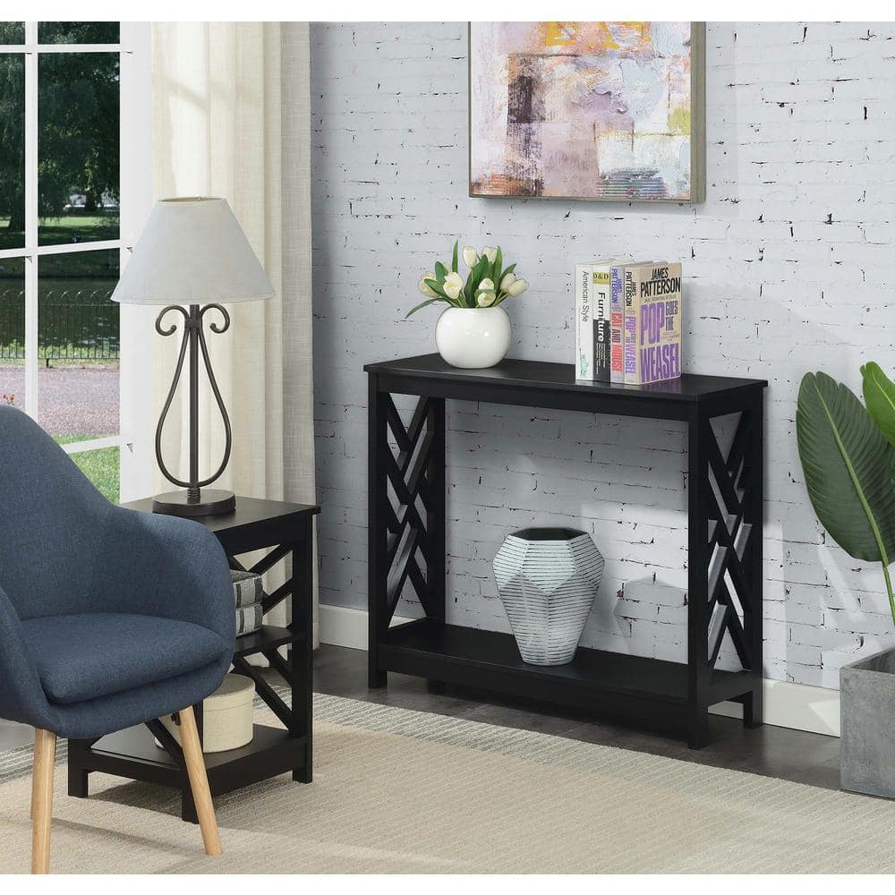 Black MDF Console Table with Shelf and Geometric Panels