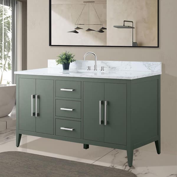 60 in. W x 22 in. D x 34 in. H Single Sink Bathroom Vanity Cabinet in Vintage Green with Engineered Marble Top in White