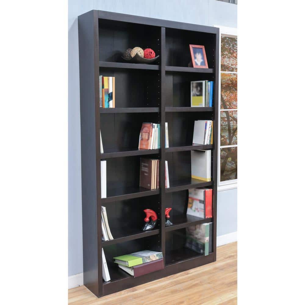 Espresso Finish Solid Wood Double Wide 12-Shelf Adjustable Bookcase