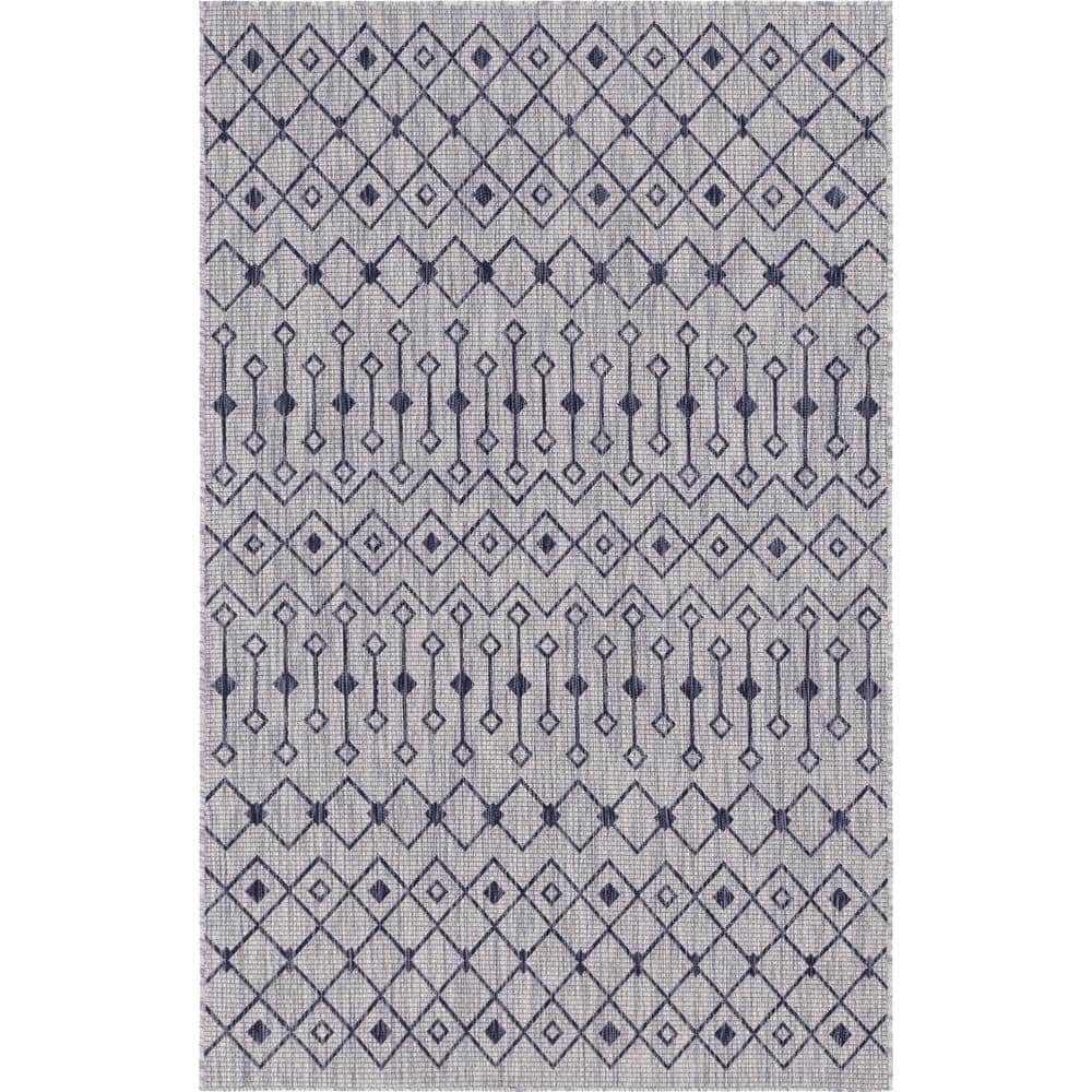 Light Gray/Blue Synthetic 4' x 6' Outdoor Trellis Rug