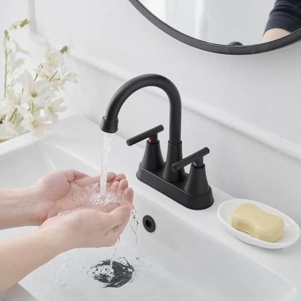 Easy Install 4 in. Centerset Double Handle Spot Resistant Bathroom Faucet with Drain Kit in Matte Black