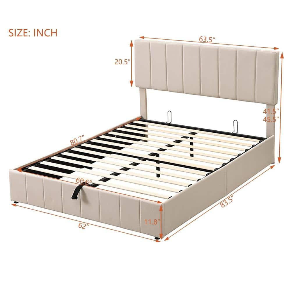 Dimension diagram of the beige upholstered queen platform bed showing height, width, and length in inches.