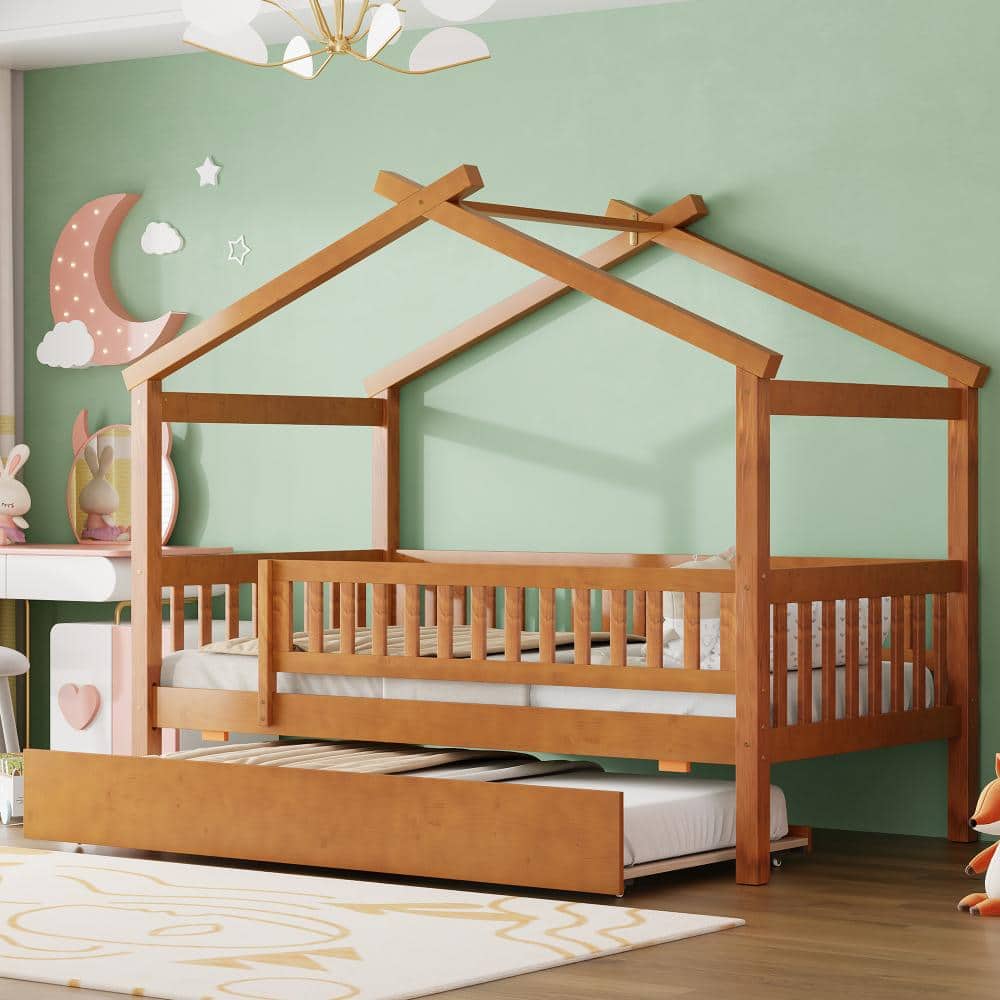 Walnut Twin Size Wooden House Shape Platform Bed with Twin Size Trundle