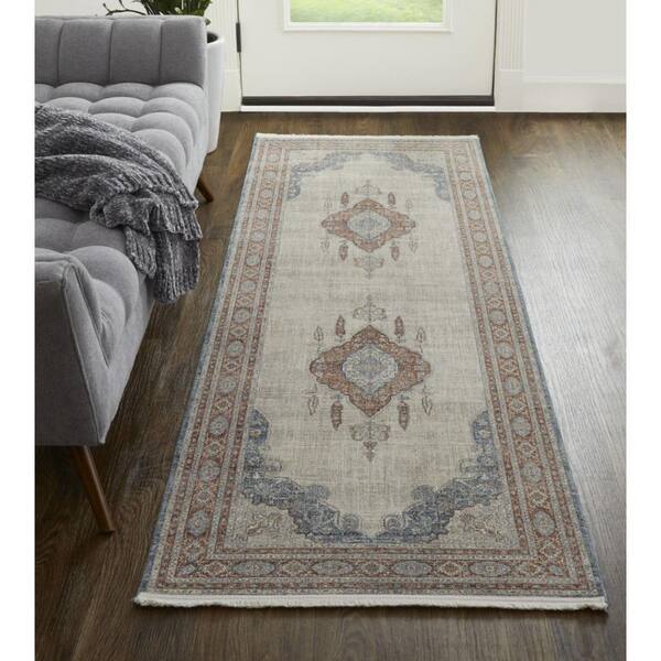 2 ft. x 8 ft. Gray, Red, Blue Floral Runner Rug