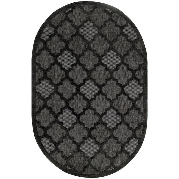 Nourison Easy Care Charcoal Black 6 ft. x 9 ft. Trellis Contemporary Oval Area Rug